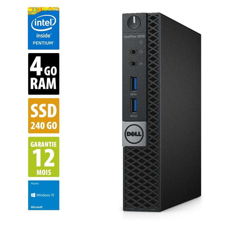 Mini-PC de bureau Dell Optiplex 5050 USFF - G4400T, RAM 4 Go, SSD 240 Go, Windows 10 Home (Reconditionné Grade B - Garantie de 12 mois)