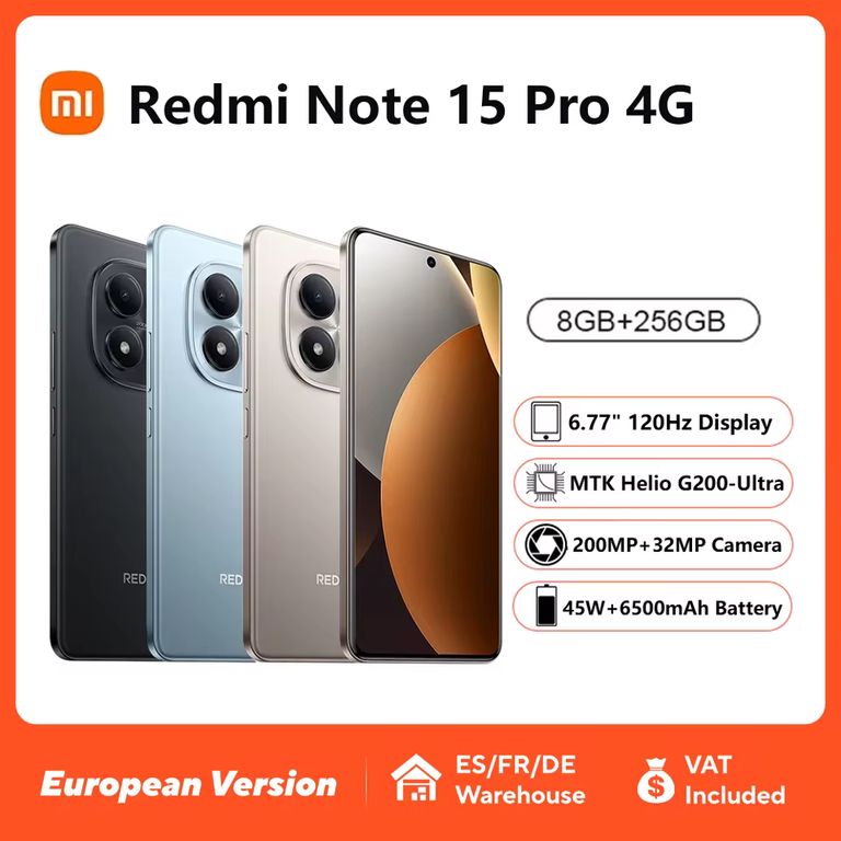 Smartphone 6,77" Xiaomi Redmi Note 15 Pro 4G – 8 Go RAM, 256 Go, 120Hz, 200MP, Helio G200-Ultra, 6500mAh, 45W