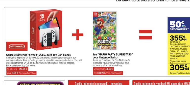 Console Nintendo switch Oled blanche + Mario party superstar (via 50€  fidélité) –