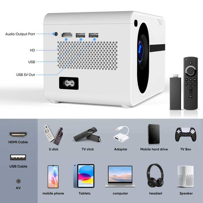Mini projecteur Qualité d'image 1080p Native Haut-parleurs intégrés, 1200 Lumen, Bluetooth 5.1 (Vendeur tiers)