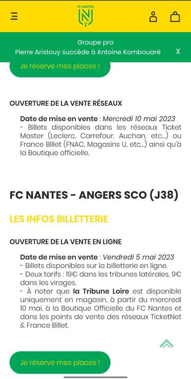 Sélection de places pour le match FC Nantes/Montpellier à moins de 20€ - Ex: Place catégorie "Erder" à 9€ (fcnantes.com)