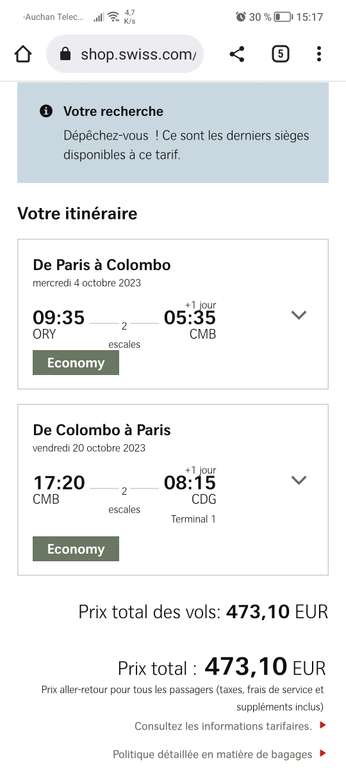 Vol Aller/Retour Paris (Orly) <-> Colombo (Sri Lanka) avec Bagage soute du 4 au 20 Octobre avec Escales (2 Aller / 2 Retour)