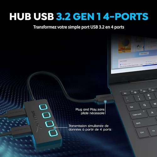 Hub USB 4 ports SABRENT (HB-UM43) - USB 3.2 Gen1 5 Gbps (Vendeur Tiers) - Via Coupon