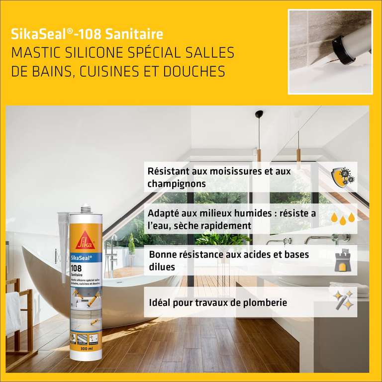 Mastic Silicone Transparent Sika SikaSeal 108 pour sanitaires Cuisine & Salle de Bain Anti-Moisissures - 300ml