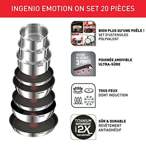 Batterie de cuisine Tefal Ingenio Emotion - 20 pièces, Acier inoxydable, revêtement anti adhésif, Induction L897SK04