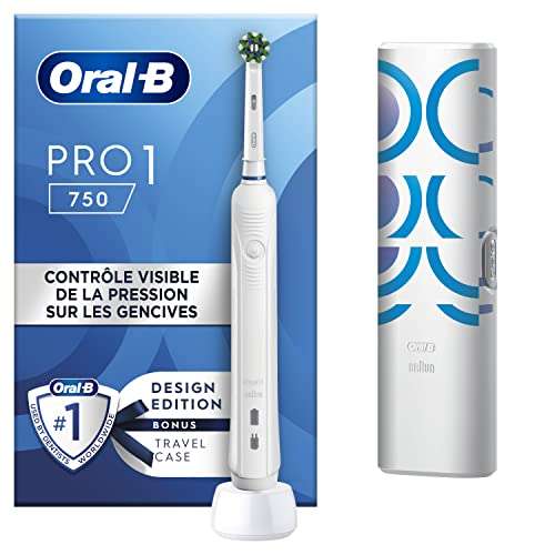 Brosse à Dents électrique Oral-B Pro 1 750 Avec Technologie 3D, Blanche, 1 Étui De Voyage, 1 Brossette