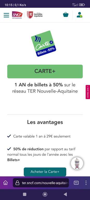 Carte d'abonnement d'1 an TER Nouvelle Aquitaine (50% de réduction sur les billets)