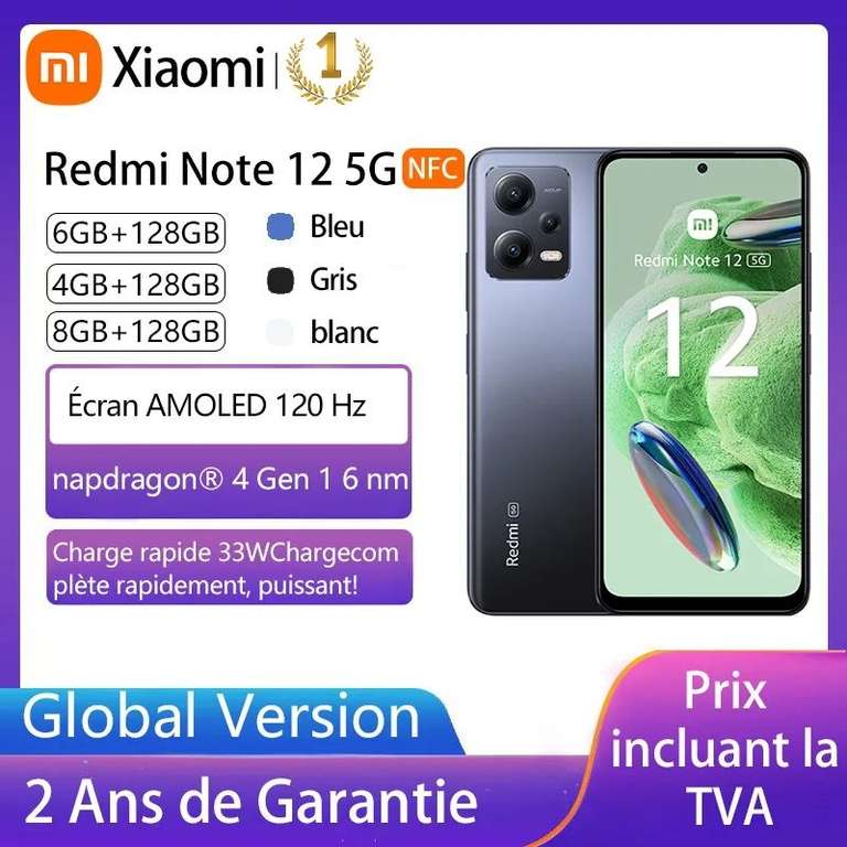 Smartphone 6.67" Xiaomi Redmi Note 12 5G - 6 Go RAM, 128 Go ROM, Global Edition