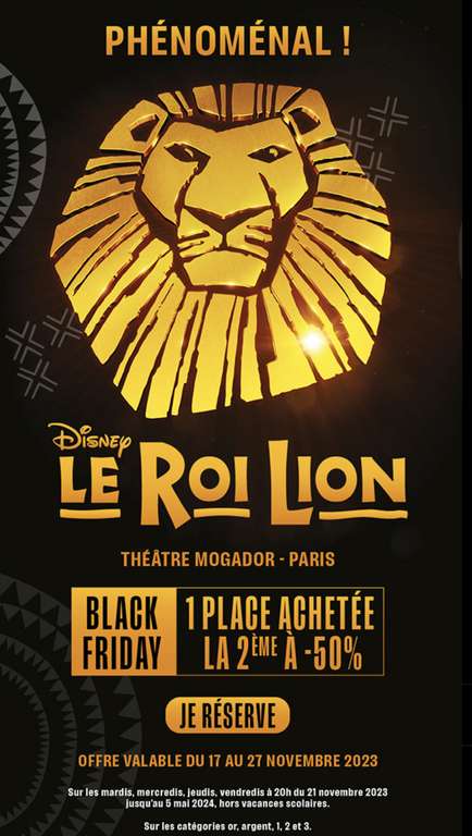 Le Roi Lion : 1 place achetée, la 2ème à 50% sur la comédie musicale - theatremogador.com