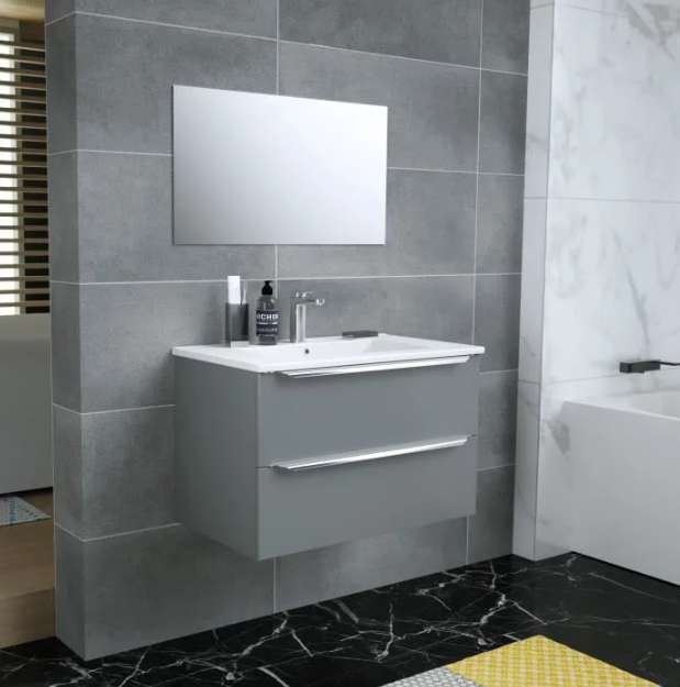 Meuble de salle de bain Zoom + Vasque + Miroir - Gris anthracite laqué brillant