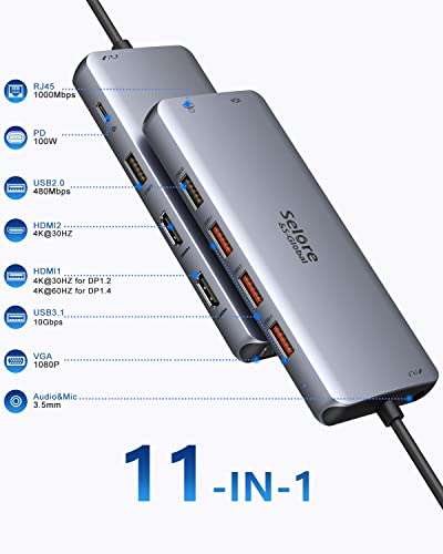 Dock USB C 11 en 1 - Station USB C Dual HDMI et VGA, PD 100W, 3xUSB3.1 et 2xUSB2.0, Ethernet RJ45, Port Audio (vendeur tiers)