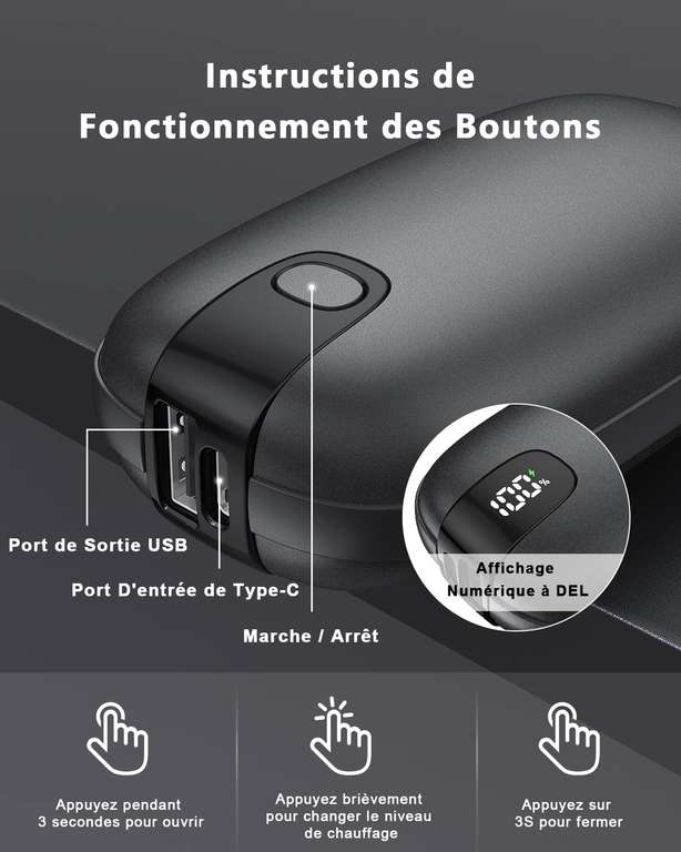 Chauffe-Mains Rechargeable 10000Mah USB Powerbank Avec Écran Numérique