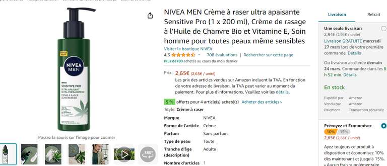 Crème à raser Nivea Men ultra apaisante Sensitive Pro (1 x 200 ml), à l’Huile de Chanvre Bio et Vitamine E (via Prévoyez et Économisez)