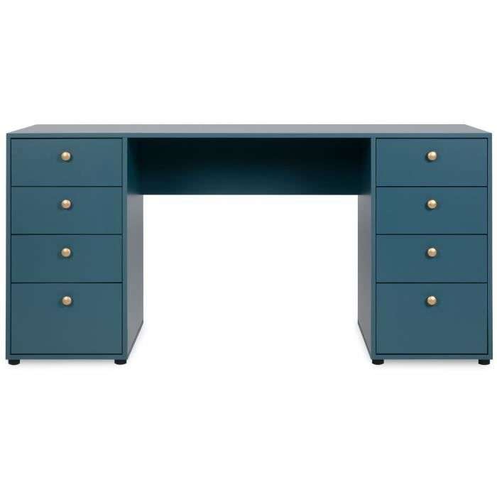 Bureau droit avec 8 tiroirs Pop Color - Bleu Pétrole, 160 x 67 x 75 cm