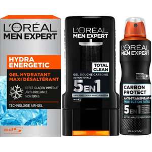 L'Oréal Paris Men Expert : Gel douche Total Clean 5-en-1 (300ml) + Déodorant Carbon Protect (50ml) + Soin hydratant Hydra Energetic (50ml)