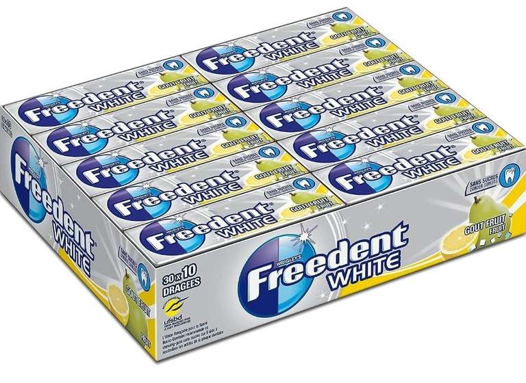 30 paquets de 10 dragées Freedent White - Chewing-gum au goût Fruit sans sucres - 420g