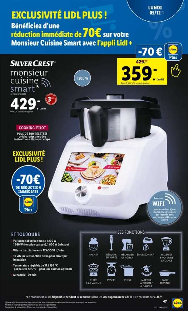 Lidl+] Monsieur Cuisine Smart SilverCrest - 1200W, fonction wifi –