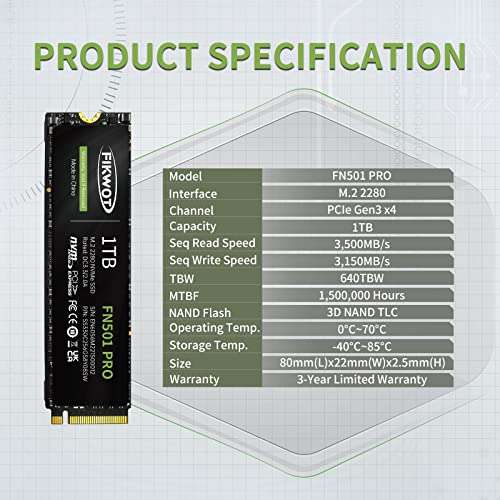 SSD Interne M.2 PCIe Gen3 x4 Fikwot FN501 Pro 1To (Vendeur Tiers)