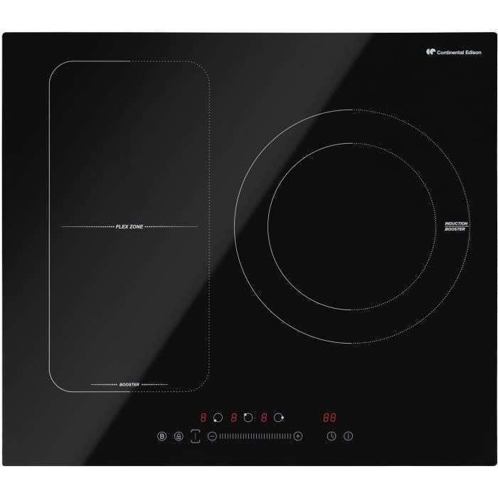 Plaque de cuisson Induction Continental Edison CETI3BFLEX - 3 Foyers / 1 Foyer modulable, 6500W, 60 x 49 cm, Revêtement verre