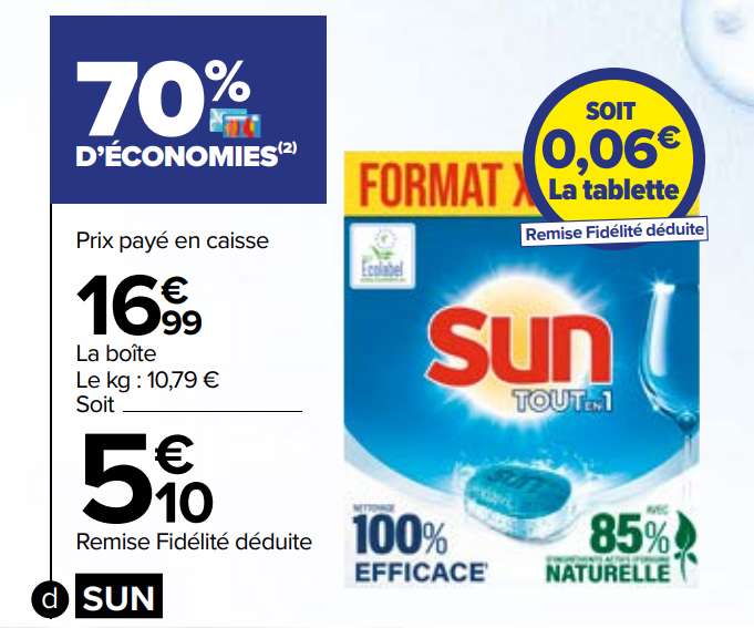 Boîte de 90 tablettes lave-vaisselle Sun Tout en 1 - Format XXL (Via 11.89€ sur la Carte de Fidélité)