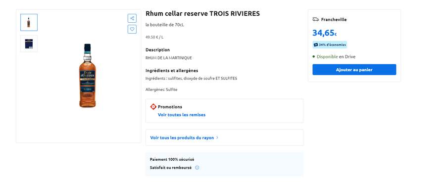 Rhum ambré TROIS RIVIERES : la bouteille de 70cL à Prix Carrefour