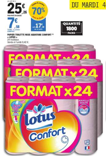 Lot de 3 paquets (72 rouleaux) de papiers hygiéniques Lotus confort (via 17,68€ sur carte de fidélité) - Le Plessis Belleville (60)
