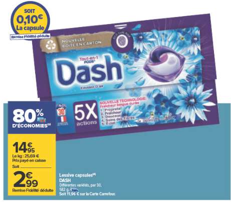 Paquet de lessive en capsules Dash Pods Envolée d'air - 30 doses (via 11,96€ sur carte de fidélité et ODR 5,98€)