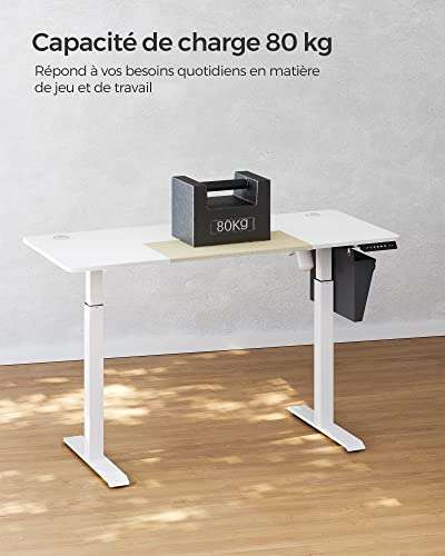 Bureau Assis Debout Électrique, 60 x 140 x (72-120) cm, Songmics Table Réglable en Hauteur, Blanc pur + beige