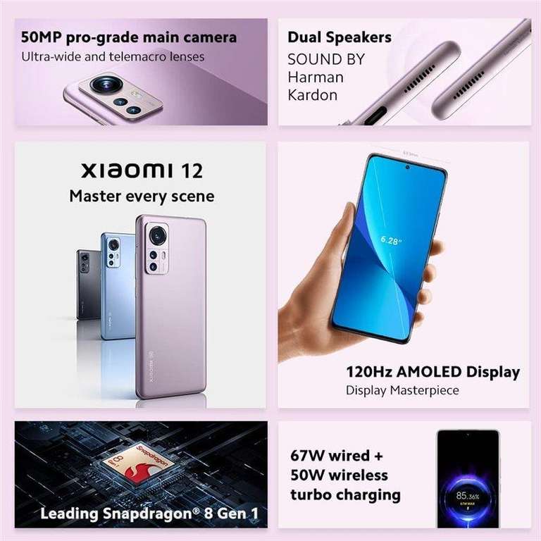 Smartphone 6,28" Xiaomi 12 5G - Full HD AMOLED 120 Hz, 8 Go RAM, 256Go ROM, noir (via ODR 100€)