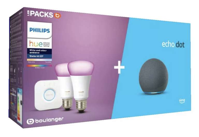 Kit de démarrage Philips Hue : 2 Ampoules connectées White & Color Ambiance E27 + Pont + Assistant vocal Amazon Echo Dot 4 (+ 4.25€ en RP)