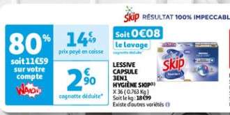 Lessive Capsule Skip 3 en 1 Hygiène 36 capsules (via 11,59€ sur la carte de fidélité)