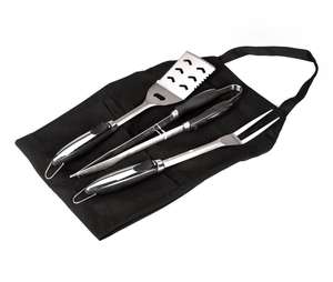 Kit avec 3 accessoires de barbecue, 1 pince, 1 spatule, 1 pique, avec tablier