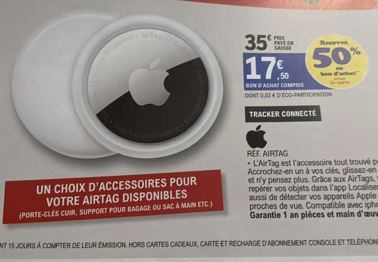 Traceur Apple AirTag (via 17.5€ en bon d'achat) - Leclerc Pierry (51)