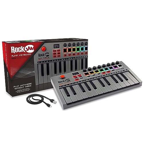 Clavier Midi RockJam Go 25 Key USB & Bluetooth MIDI Keyboard Controller With 8 Backlit Drum Pads, 8 Knobs