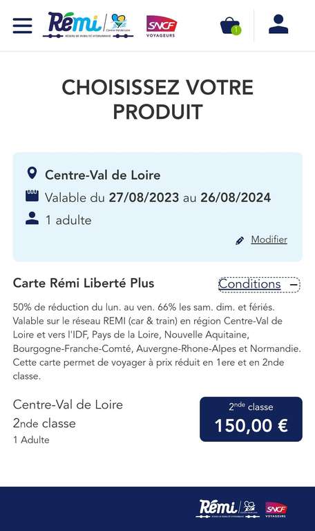 Carte TER Rémi Liberté Plus pendant 1 an - Région Centre Val de Loire