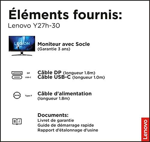 Ecran 27" Lenovo Y27H-30 - QHD, IPS, 180HZ, 0.5ms, HDR 400, Usb-C (vendeur tiers)