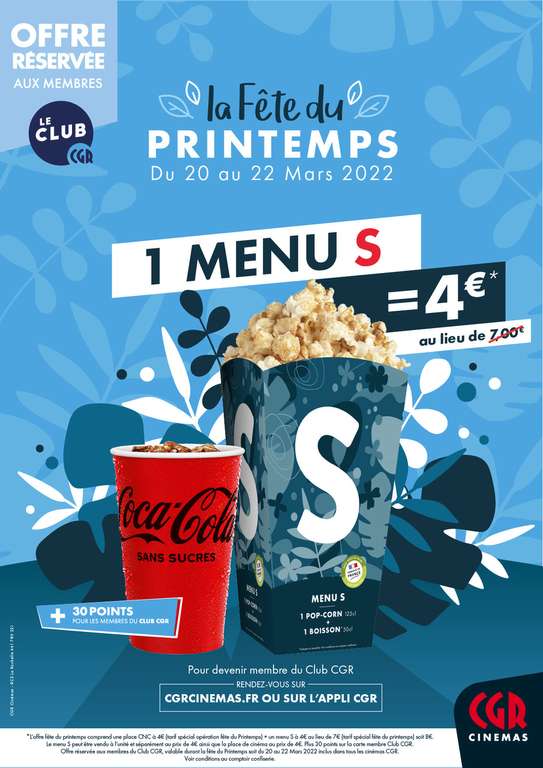 [Membres Club CGR] Menu S : 125ml de Popcorn + 1 Boisson 50cl à 4€