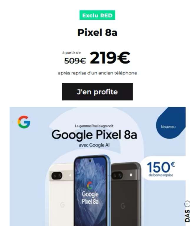 [Client Red by SFR] Smartphone Google Pixel 8a 256Go (via 100€ de remise immédiate + 150€ de bonus reprise + 40€ d'ODR SFR)