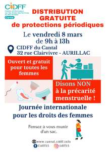 Distribution gratuite de Protections périodiques le 8 mars - Aurillac (15)