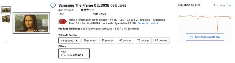 TV 43" Samsung QLED The Frame 43LS03B 2022 - 4K Ultra HD (via ODR 100€ )