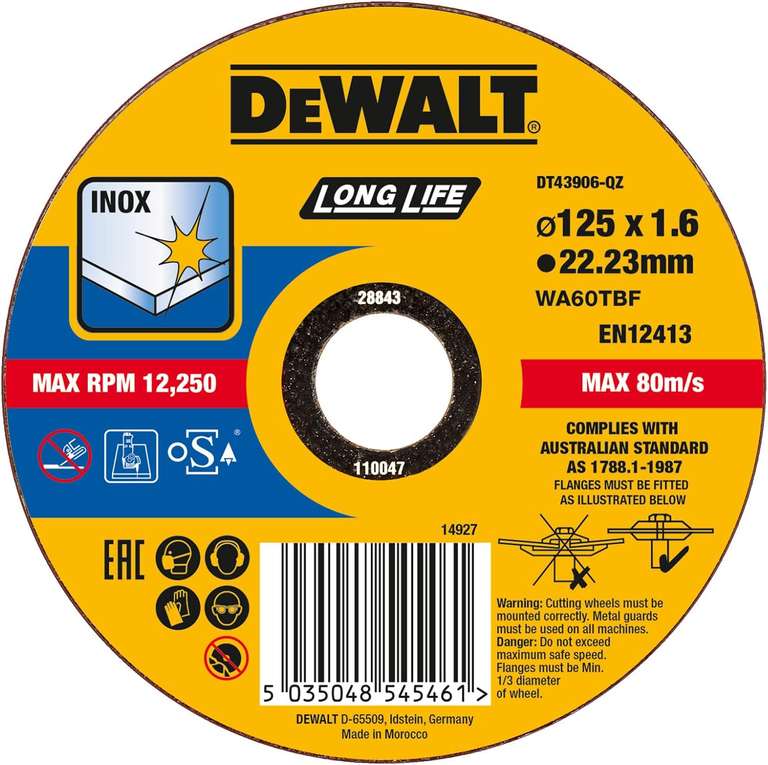 Boîte de 25 disques à tronçonner DEWALT DT43906-QZ - Pour Inox 125 X 22,2mm, épaisseur 1.6mm, moyeu plat