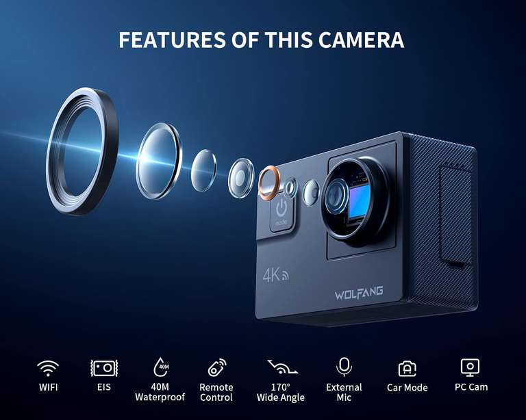 Caméra sportive Wolfang - 4K, 60FPS GA300, Zoom 8x, 24MP, 170° (vendeur tiers)