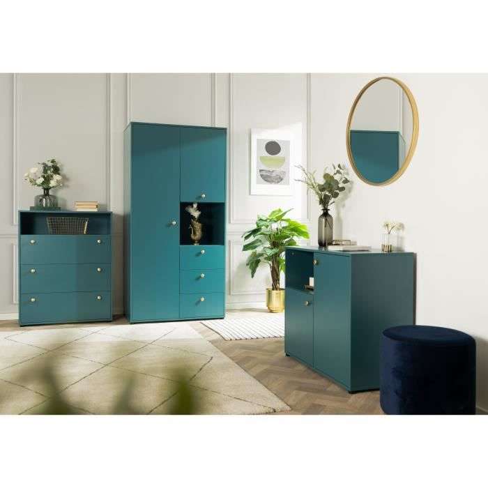 Armoire battante Pop color avec 2 portes + 3 tiroirs et niche ouverte, Bleu Pétrole, 80 x 54 x 180 cm
