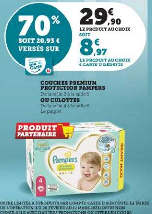 Pack géant Pampers Premium protection - Différentes tailles (via 20.93€ sur carte fidélité et ODR 11.96€)