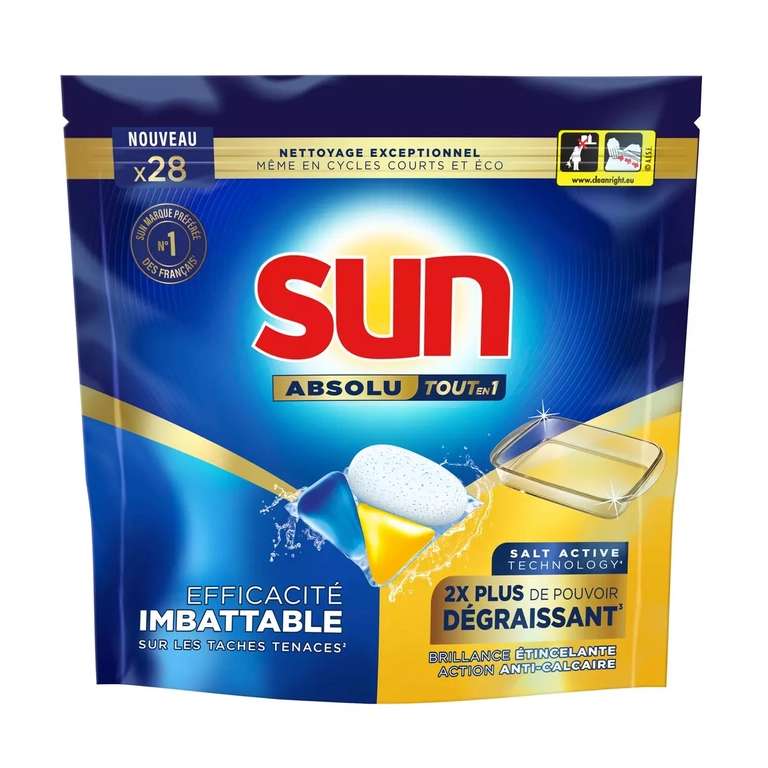 Sélection de Capsules de lave-vaisselle Sun Absolu en Promotion - Ex: Tout en 1 brillance 28 tablettes (Via 8.16€ sur la carte fidélité)