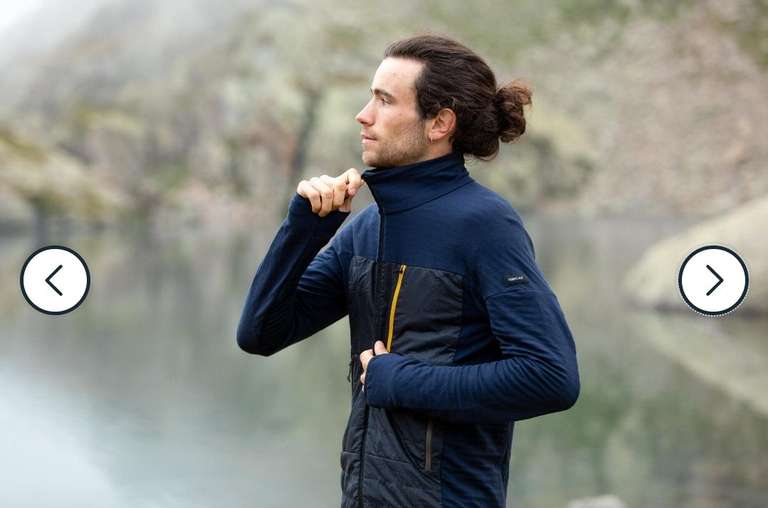 Sous-veste homme de trek ou randonnée en laine Mérinos Forclaz MT900 - Bleu / noir (diverses tailles)