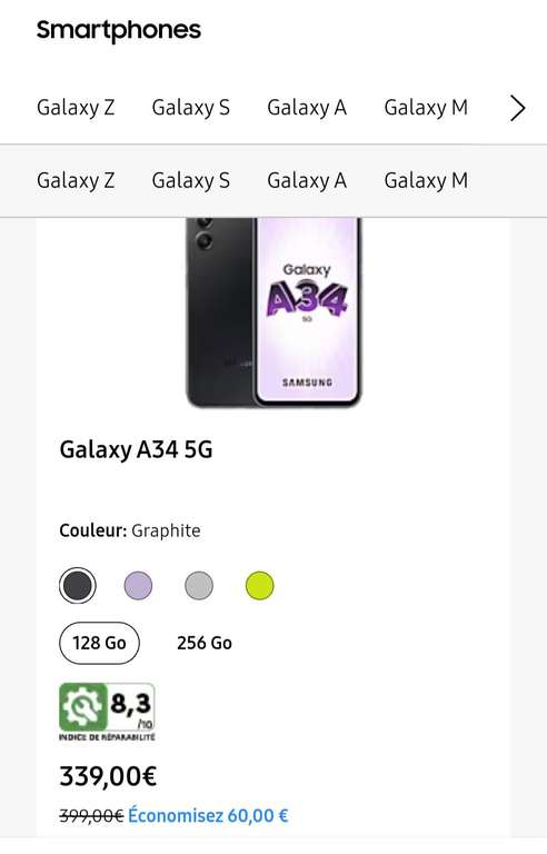 [Boursorama, Macif, Ulys, Unidays] Smartphone Samsung Galaxy A34 5G (via ODR de 30€)