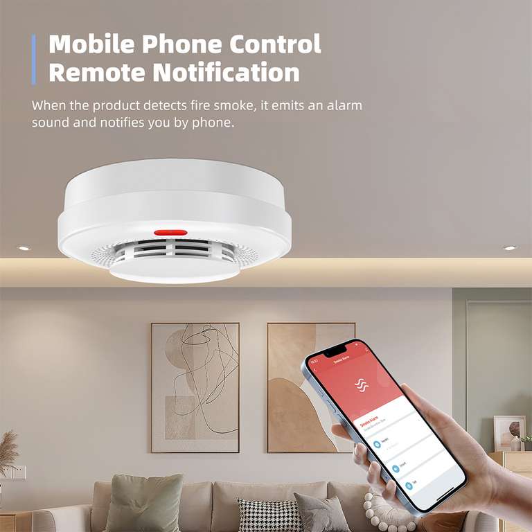 Détecteur de fumée WiFi Tuya Alarme sans fil intelligente avec alarme sonore et lumineuse, contrôle à distance via l'application