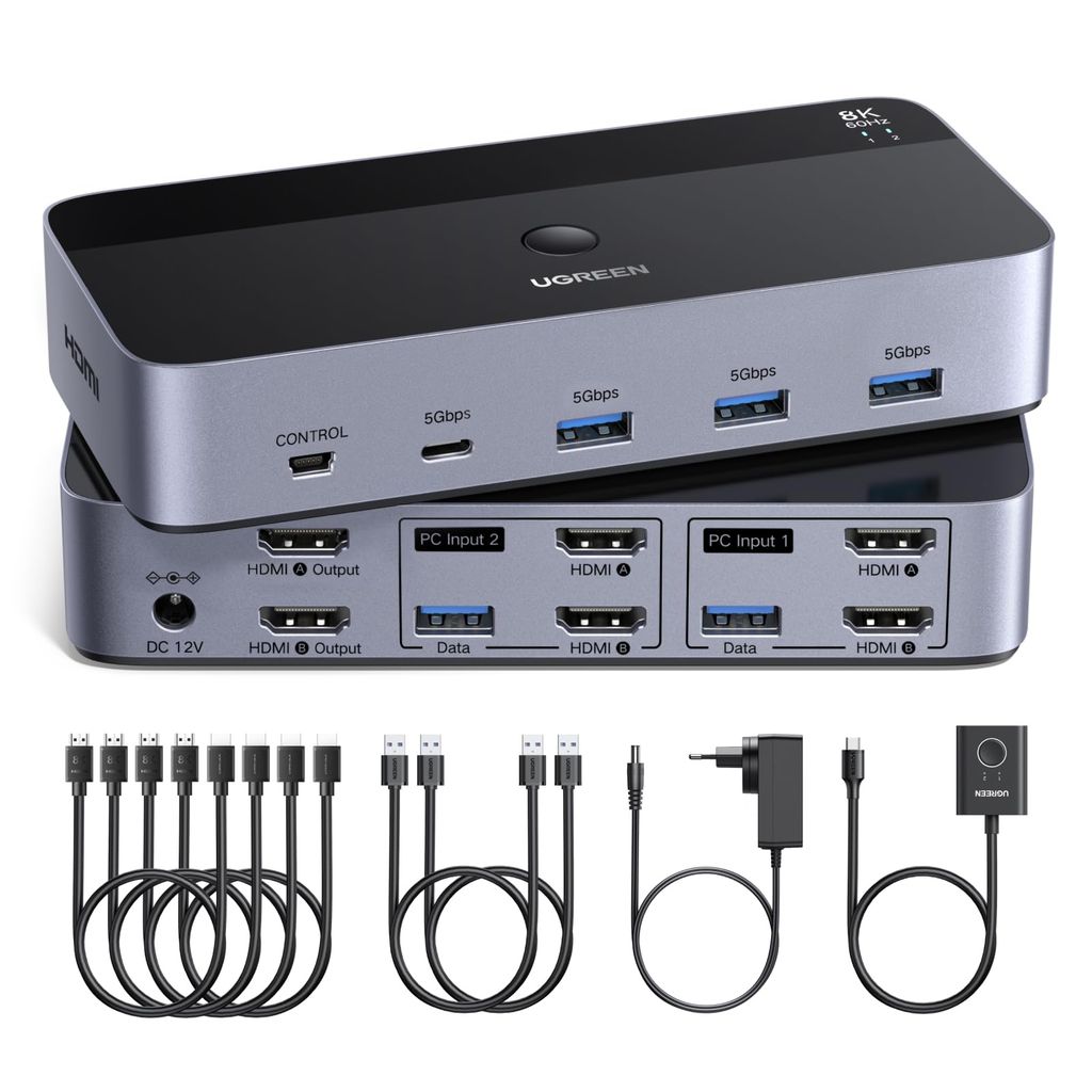 Switch HDMI KVM Ugreen - 2 Entrées, 2 Sorties, 8K, 60Hz, Double Affichage, Commutateur KVM avec 4 Ports USB 3A1C 5Gbps (Vendeur Tiers)