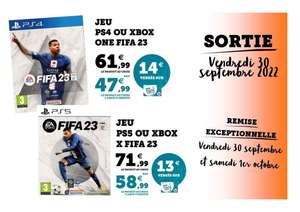 FIFA 23 sur Xbox One et PS4 (Via 14€ sur Carte Fidélité) ou PS5 et Xbox Series à 58.99 (Via 13€ sur Carte Fidélité) - Beaupréau (49)